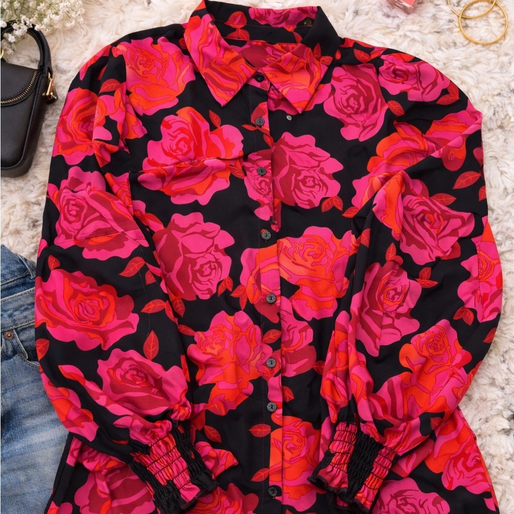 Pink Rose Floral Button Down Blouse Size M Statement Sleeve